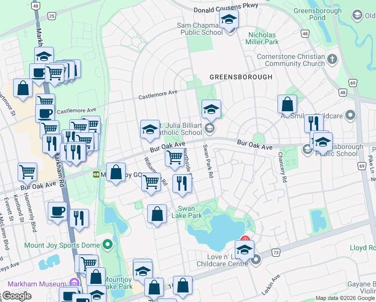 map of restaurants, bars, coffee shops, grocery stores, and more near 75 Northside Road in Markham