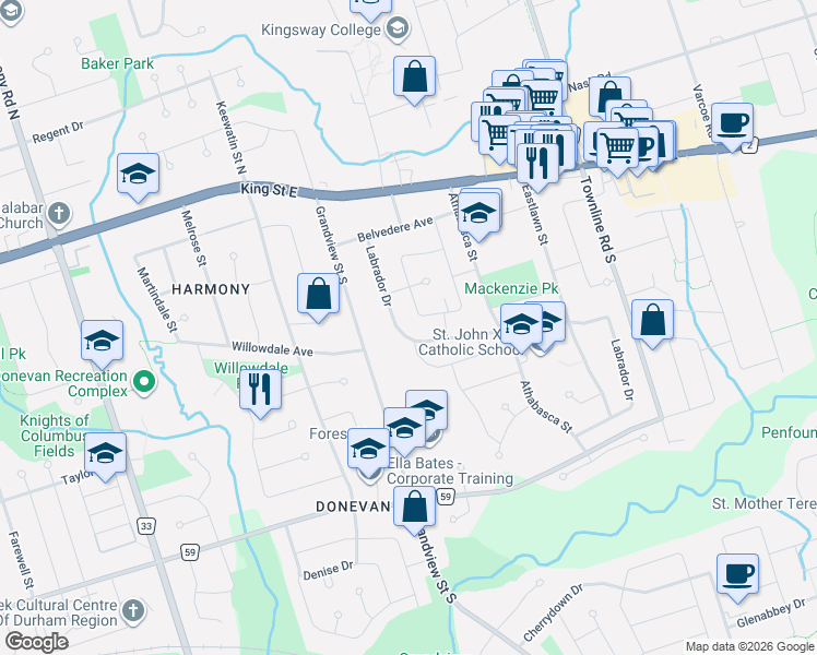map of restaurants, bars, coffee shops, grocery stores, and more near 133 Labrador Drive in Oshawa