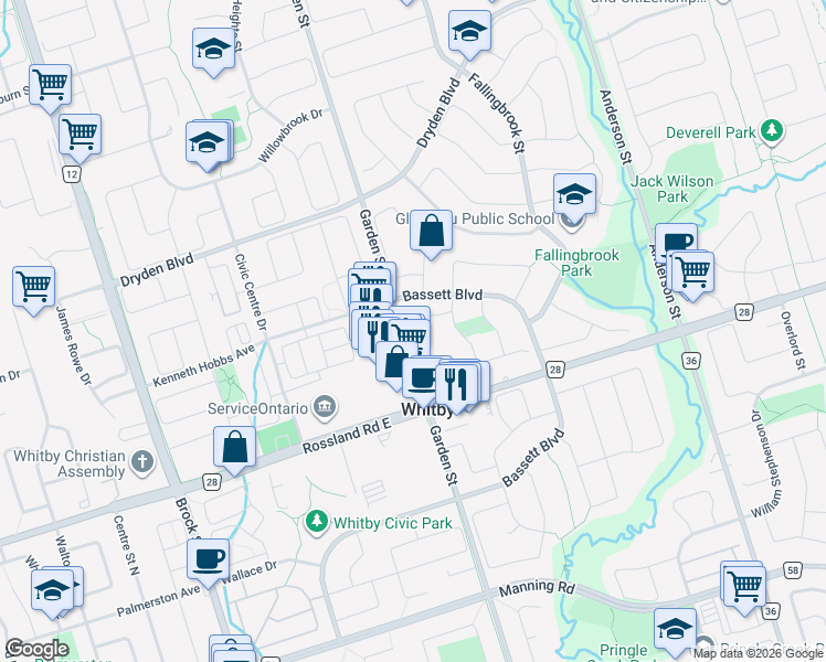map of restaurants, bars, coffee shops, grocery stores, and more near 33 Melborne Court in Whitby