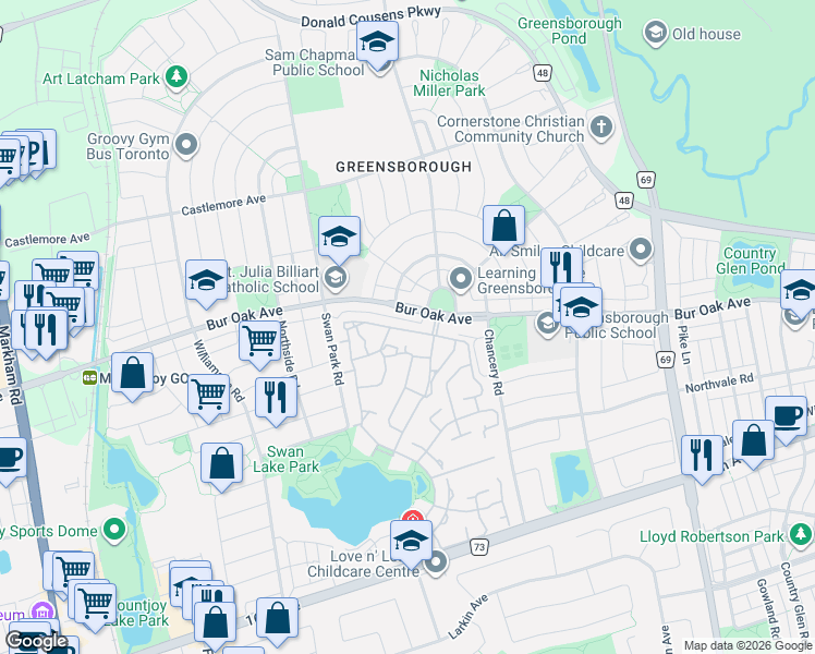 map of restaurants, bars, coffee shops, grocery stores, and more near 184 Louisbourg Way in Markham