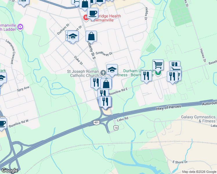 map of restaurants, bars, coffee shops, grocery stores, and more near 30 Baseline Road East in Bowmanville