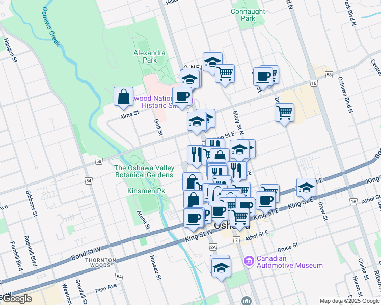 map of restaurants, bars, coffee shops, grocery stores, and more near in Oshawa