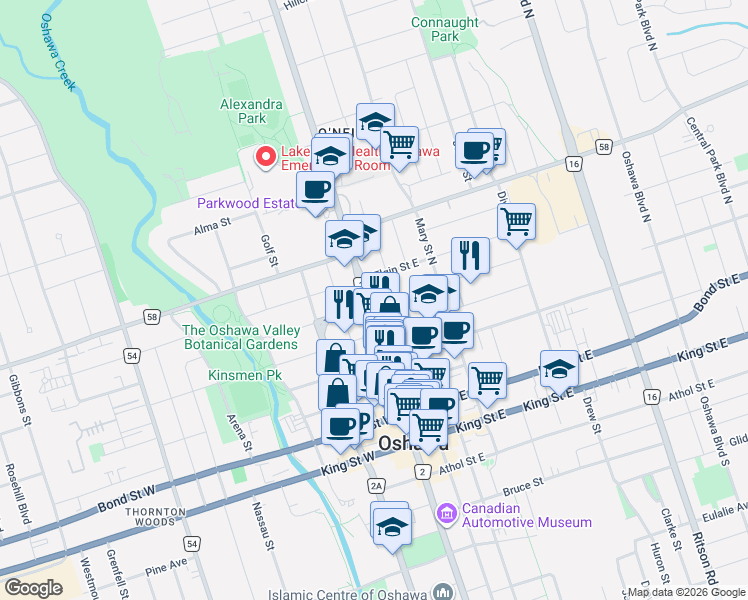 map of restaurants, bars, coffee shops, grocery stores, and more near 167 Simcoe Street North in Oshawa