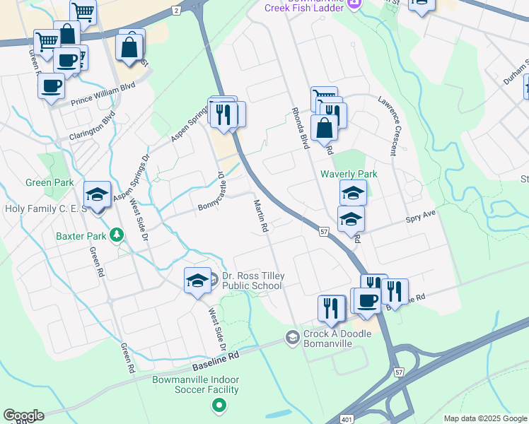 map of restaurants, bars, coffee shops, grocery stores, and more near 68 Martin Road in Bowmanville