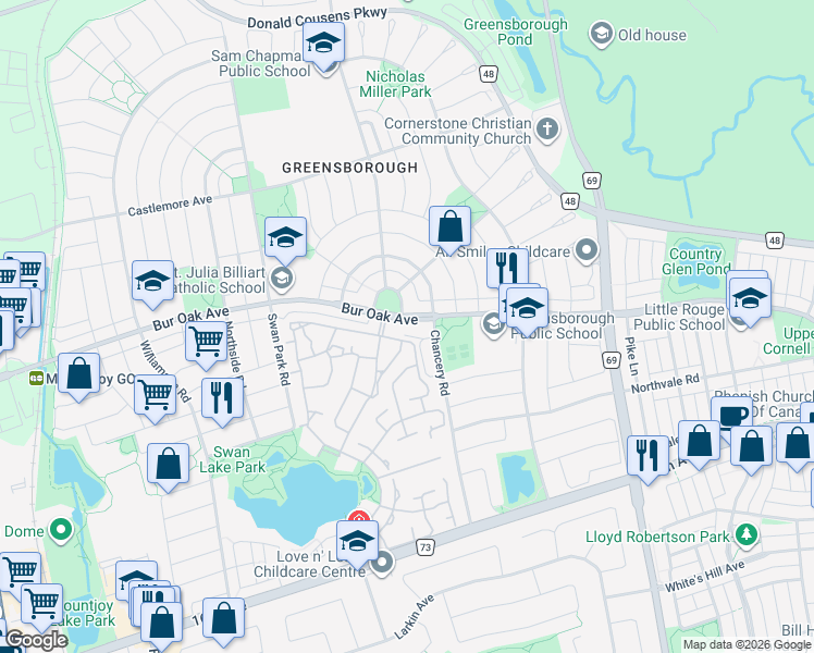 map of restaurants, bars, coffee shops, grocery stores, and more near 2275 Bur Oak Avenue in Markham