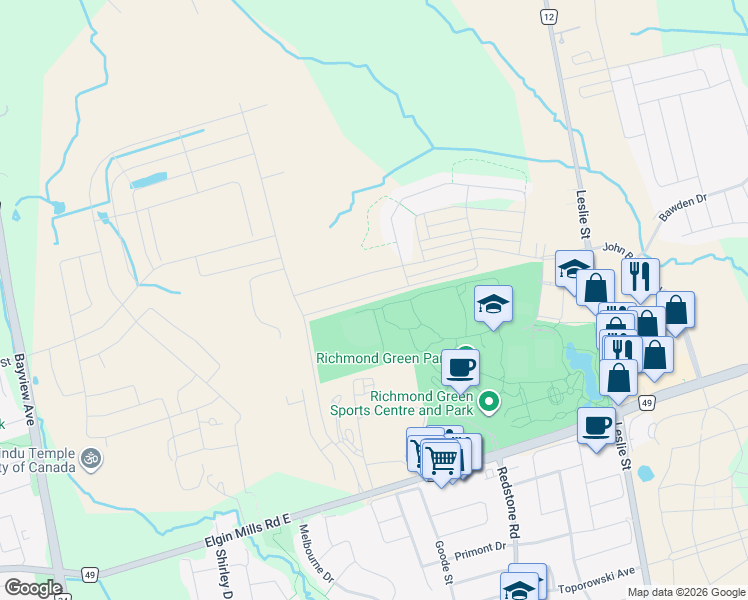 map of restaurants, bars, coffee shops, grocery stores, and more near 109 McAlister Avenue in Richmond Hill