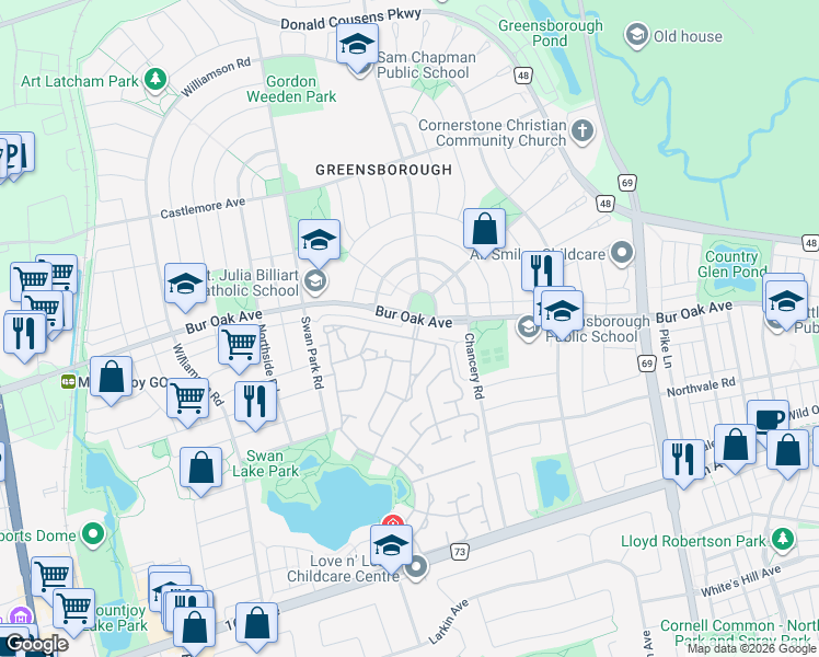 map of restaurants, bars, coffee shops, grocery stores, and more near 68 Sanctuary Way in Markham