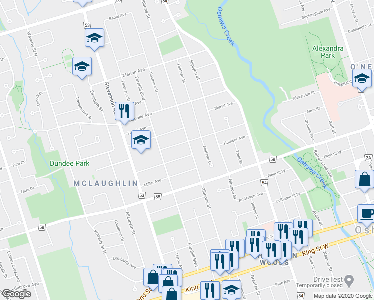 map of restaurants, bars, coffee shops, grocery stores, and more near 298 Gibbons Street in Oshawa