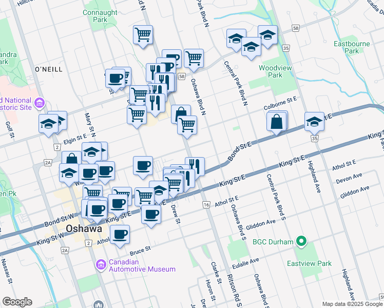 map of restaurants, bars, coffee shops, grocery stores, and more near 79 Durham Regional Road 16 in Oshawa