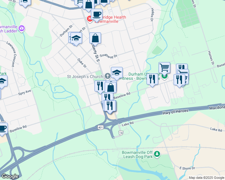 map of restaurants, bars, coffee shops, grocery stores, and more near 145 Liberty Street South in Bowmanville