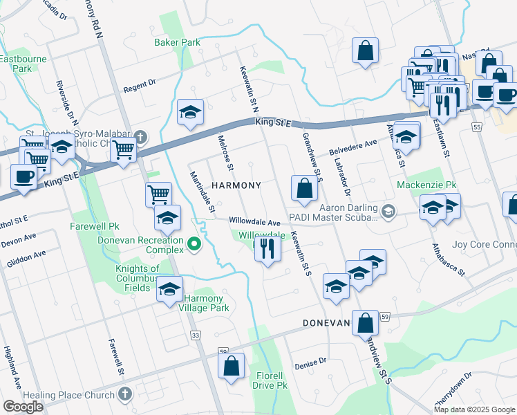 map of restaurants, bars, coffee shops, grocery stores, and more near 136 Oriole Street in Oshawa