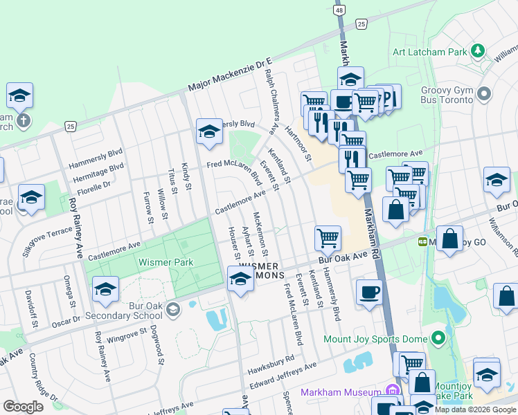 map of restaurants, bars, coffee shops, grocery stores, and more near 47 McKennon Street in Markham