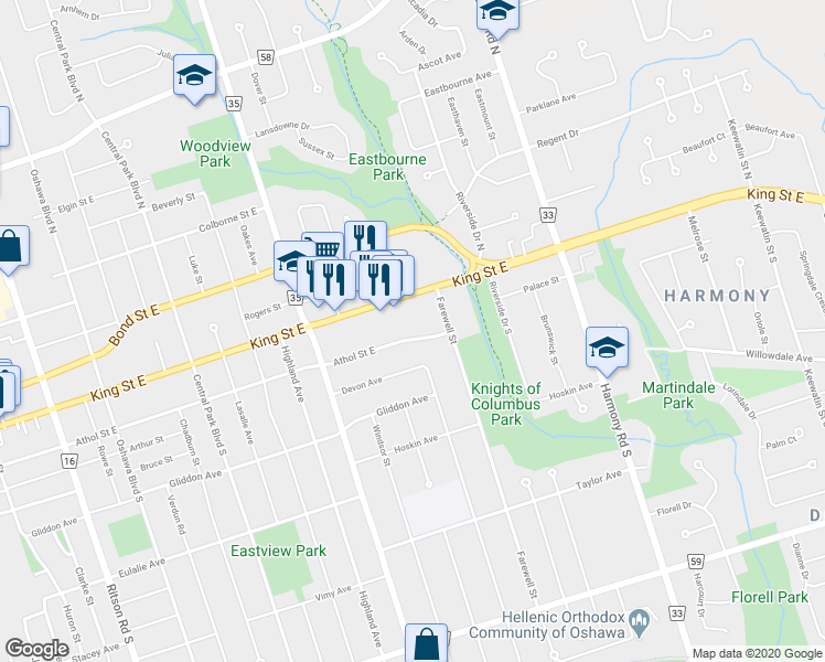 map of restaurants, bars, coffee shops, grocery stores, and more near 644 Athol Street East in Oshawa