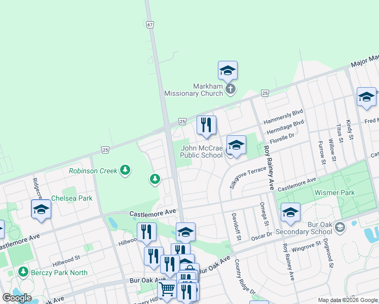 map of restaurants, bars, coffee shops, grocery stores, and more near 152 Landsdown Crescent in Markham