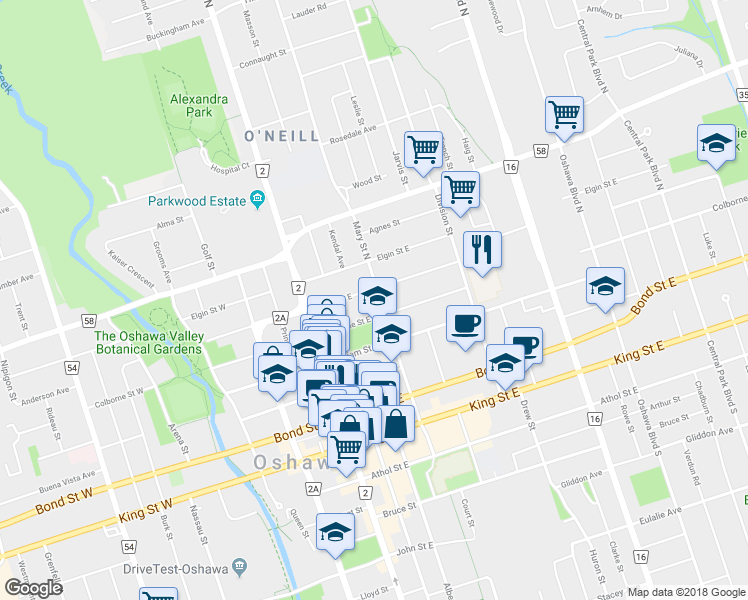 map of restaurants, bars, coffee shops, grocery stores, and more near 146 Mary Street North in Oshawa