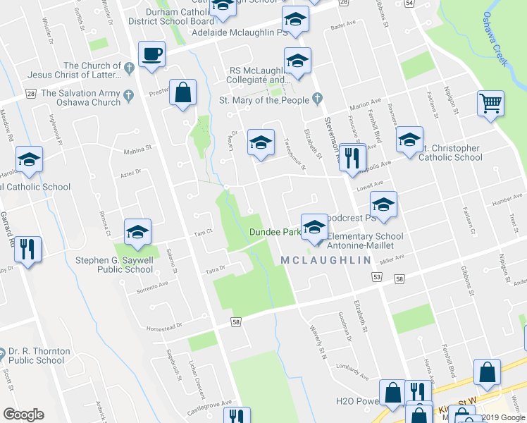 map of restaurants, bars, coffee shops, grocery stores, and more near in Oshawa