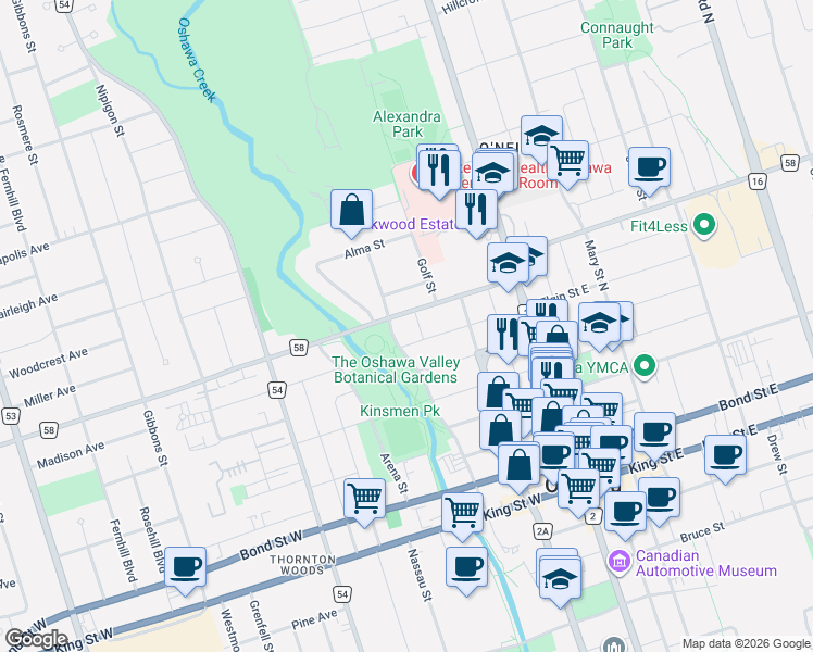 map of restaurants, bars, coffee shops, grocery stores, and more near in Oshawa