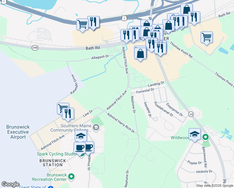 map of restaurants, bars, coffee shops, grocery stores, and more near 5 Captains Way in Brunswick