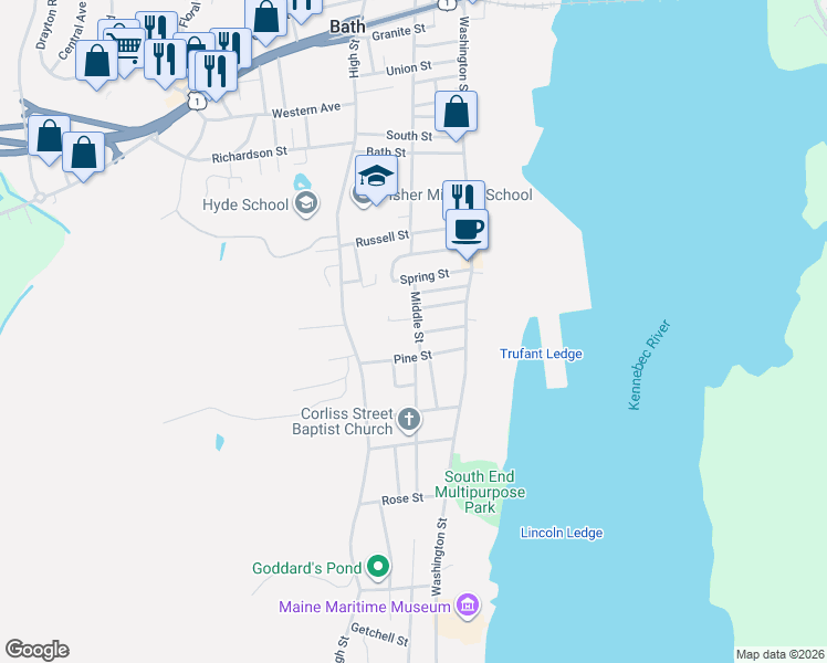 map of restaurants, bars, coffee shops, grocery stores, and more near 477 Middle Street in Bath