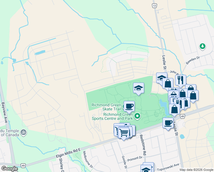 map of restaurants, bars, coffee shops, grocery stores, and more near 109 McAlister Avenue in Richmond Hill