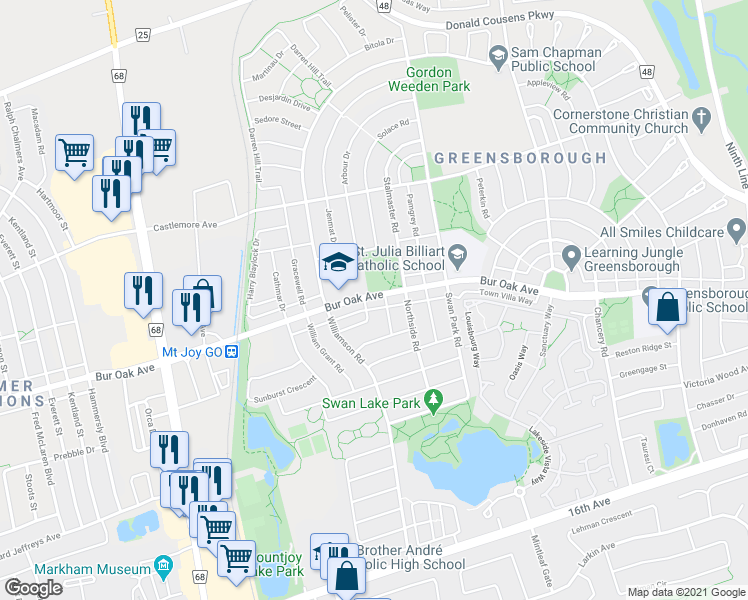 map of restaurants, bars, coffee shops, grocery stores, and more near 1997 Bur Oak Avenue in Markham