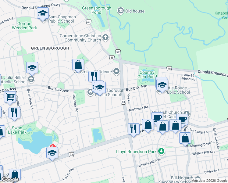 map of restaurants, bars, coffee shops, grocery stores, and more near 2399 Bur Oak Avenue in Markham