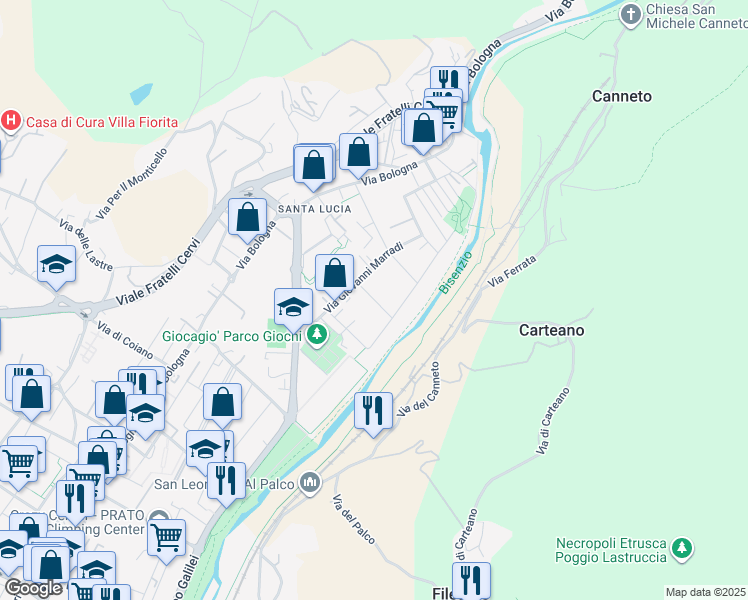 map of restaurants, bars, coffee shops, grocery stores, and more near 20/A Via Giovanni Marradi in Prato