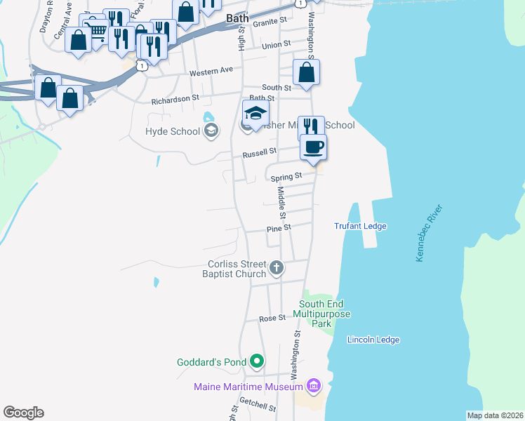 map of restaurants, bars, coffee shops, grocery stores, and more near 12 Libby Court in Bath