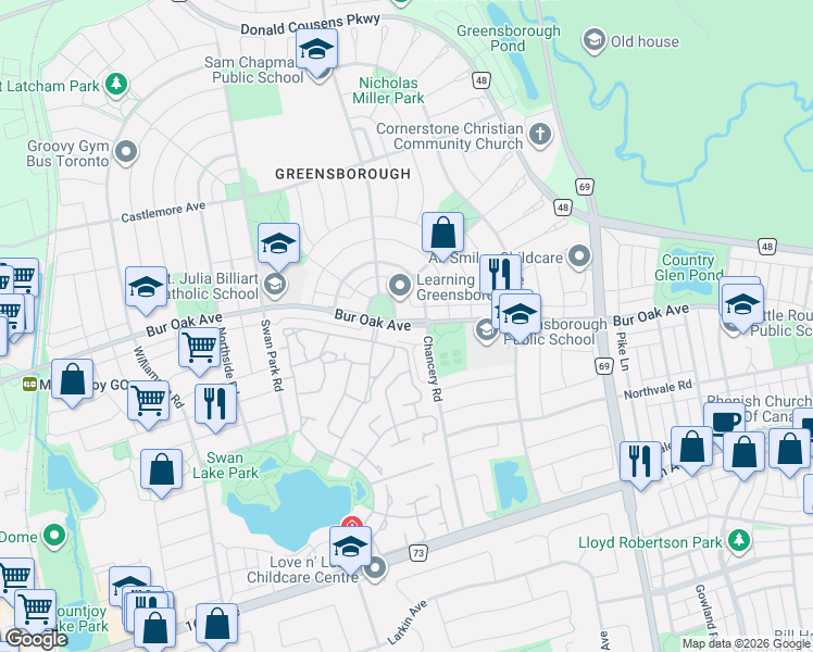 map of restaurants, bars, coffee shops, grocery stores, and more near 2265 Bur Oak Avenue in Markham