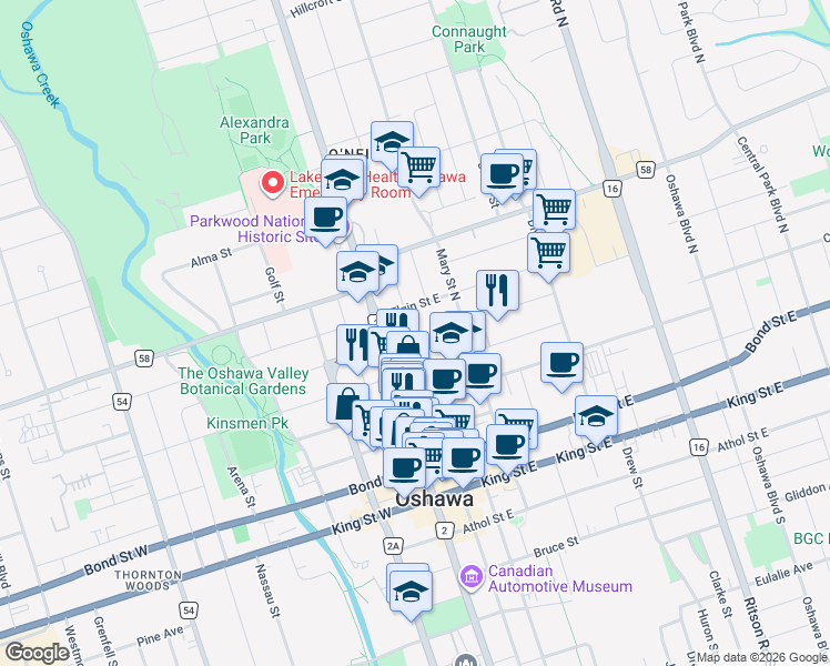 map of restaurants, bars, coffee shops, grocery stores, and more near 30 Brock Street East in Oshawa