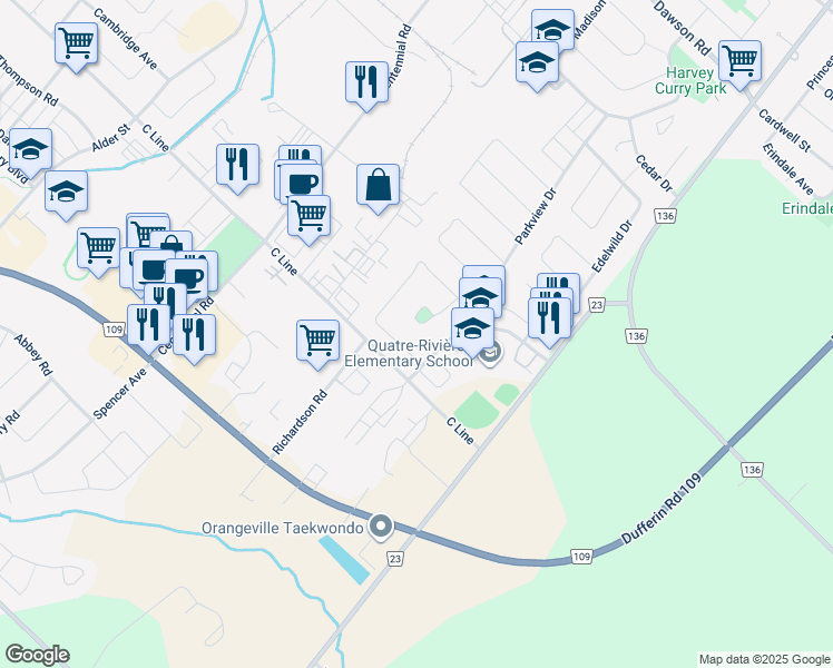 map of restaurants, bars, coffee shops, grocery stores, and more near in Orangeville