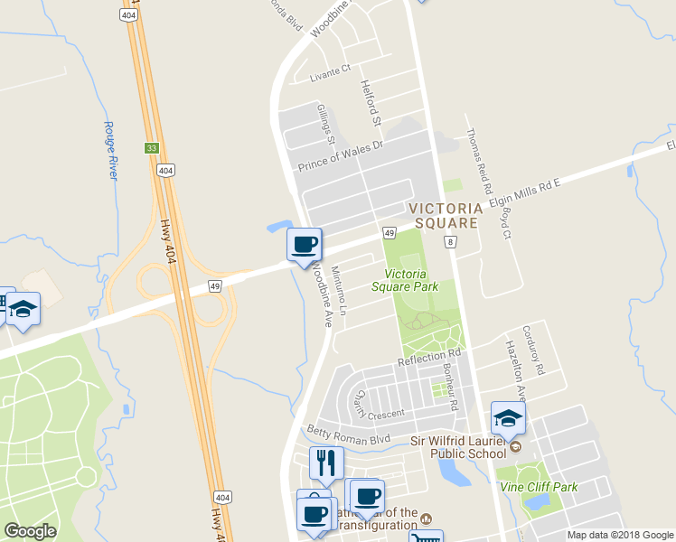 map of restaurants, bars, coffee shops, grocery stores, and more near 48 Tufo Avenue in Markham