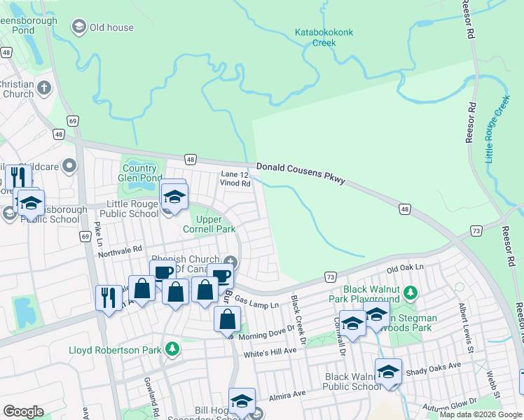 map of restaurants, bars, coffee shops, grocery stores, and more near 7 Gordon Landon Drive in Markham
