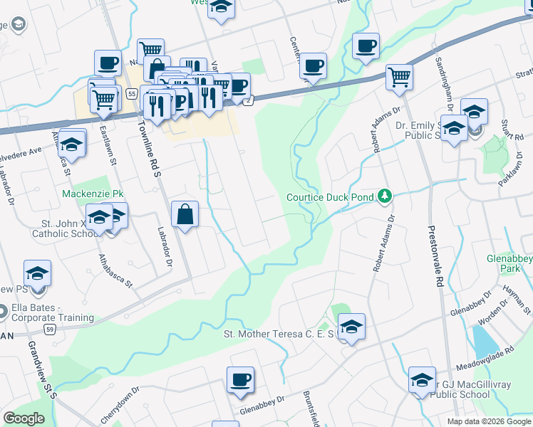 map of restaurants, bars, coffee shops, grocery stores, and more near 39 Darlington Boulevard in Courtice
