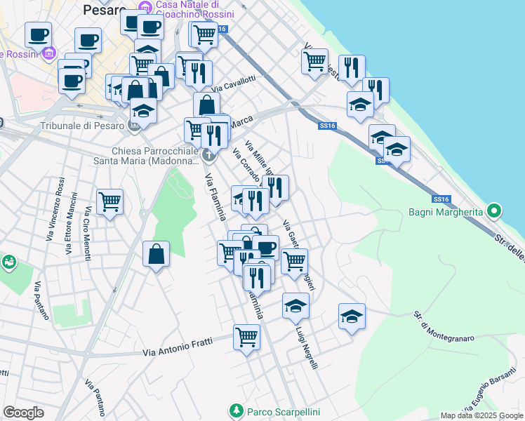 map of restaurants, bars, coffee shops, grocery stores, and more near 5 Via Giannetto Dini in Pesaro