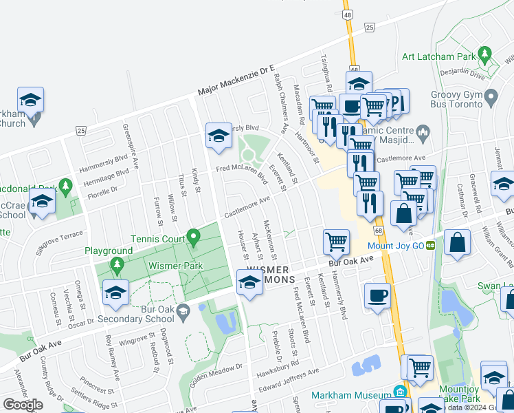 map of restaurants, bars, coffee shops, grocery stores, and more near 52 McKennon Street in Markham