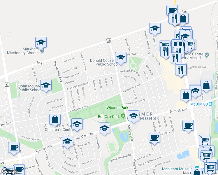 map of restaurants, bars, coffee shops, grocery stores, and more near 11 Titus Street in Markham