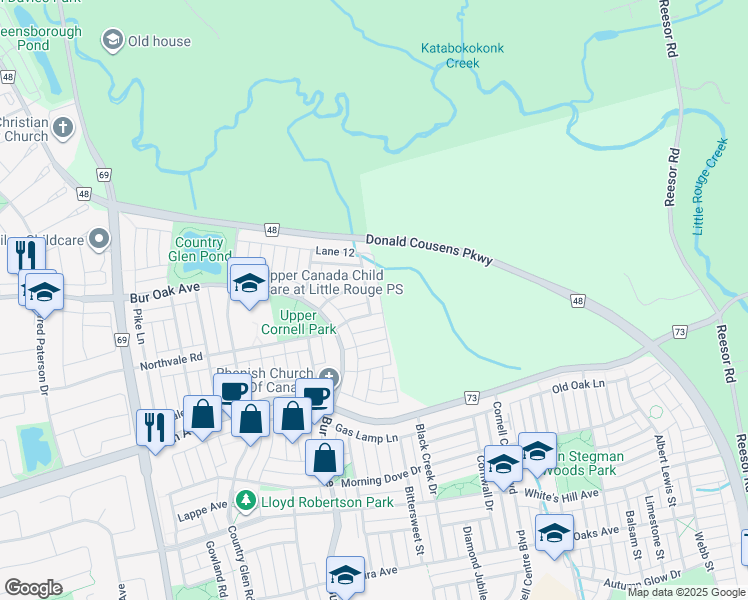 map of restaurants, bars, coffee shops, grocery stores, and more near 9 Gordon Landon Drive in Markham