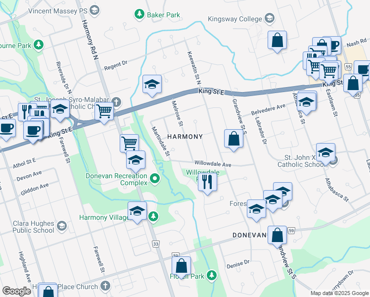 map of restaurants, bars, coffee shops, grocery stores, and more near 118 Melrose Street in Oshawa
