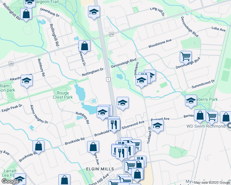 map of restaurants, bars, coffee shops, grocery stores, and more near 11245 York Regional Road 1 in Richmond Hill