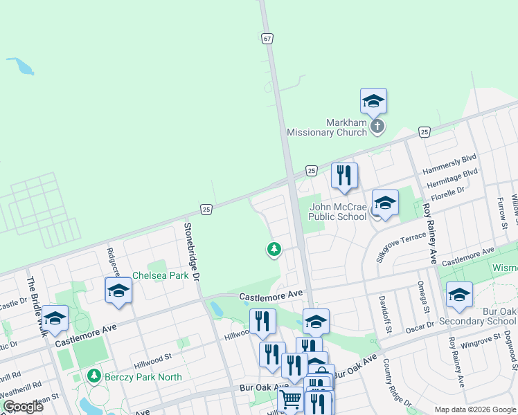 map of restaurants, bars, coffee shops, grocery stores, and more near in Markham