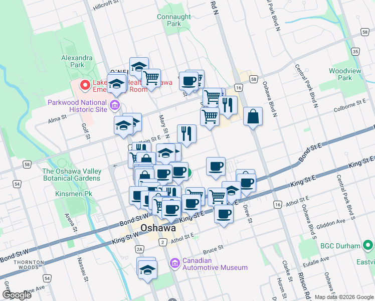 map of restaurants, bars, coffee shops, grocery stores, and more near 122 Colborne Street East in Oshawa