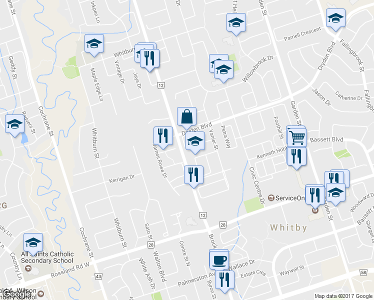 map of restaurants, bars, coffee shops, grocery stores, and more near 47 Robideau Place in Whitby