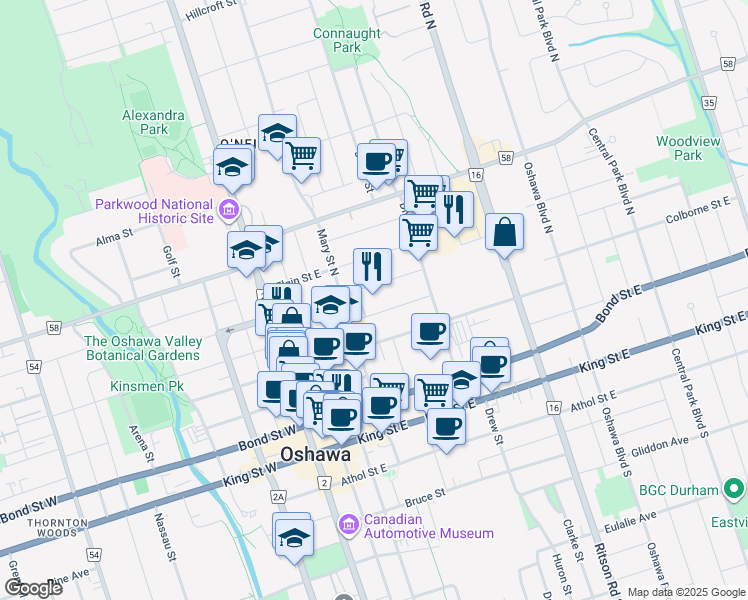 map of restaurants, bars, coffee shops, grocery stores, and more near 122 Colborne Street East in Oshawa