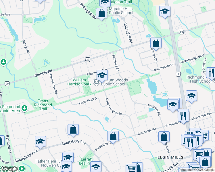 map of restaurants, bars, coffee shops, grocery stores, and more near 39 Brackenwood Avenue in Richmond Hill