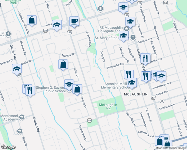 map of restaurants, bars, coffee shops, grocery stores, and more near in Oshawa