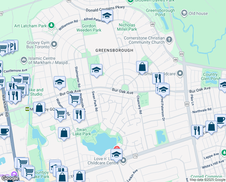 map of restaurants, bars, coffee shops, grocery stores, and more near 2213 Bur Oak Avenue in Markham