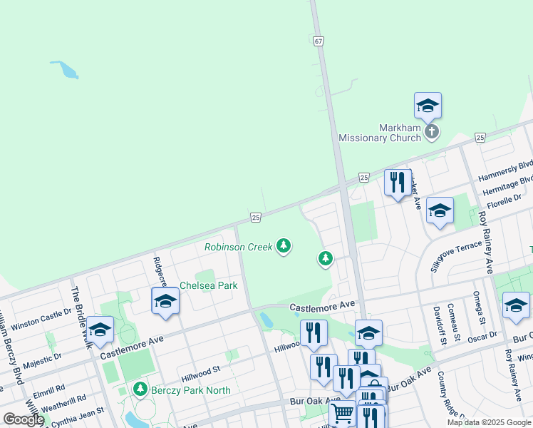 map of restaurants, bars, coffee shops, grocery stores, and more near 5128 Major Mackenzie Drive East in Markham