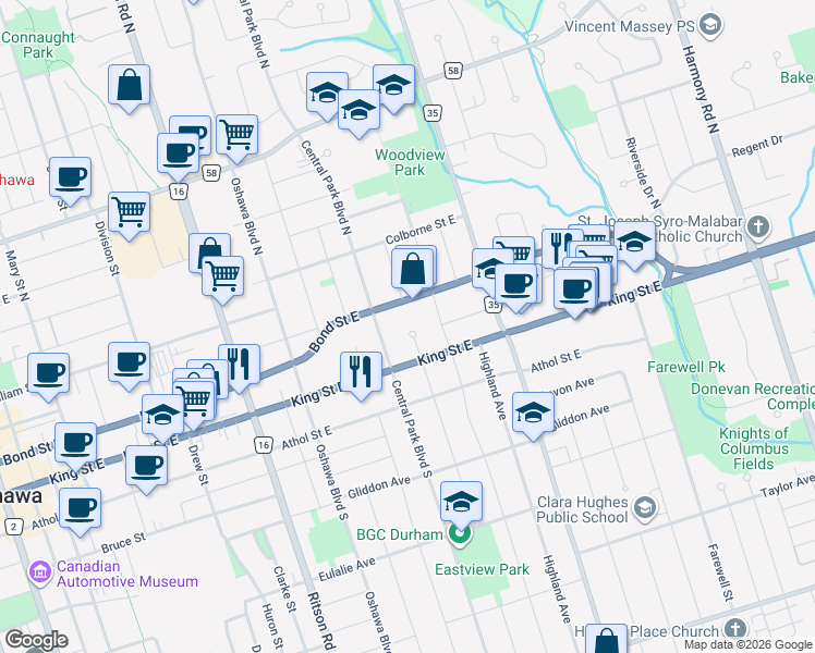 map of restaurants, bars, coffee shops, grocery stores, and more near 24 Lasalle Court in Oshawa