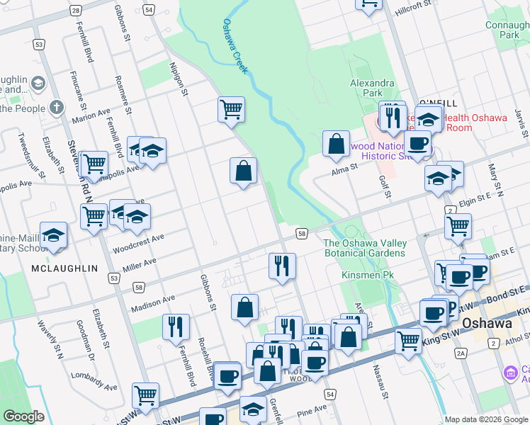 map of restaurants, bars, coffee shops, grocery stores, and more near 276 Park Road North in Oshawa